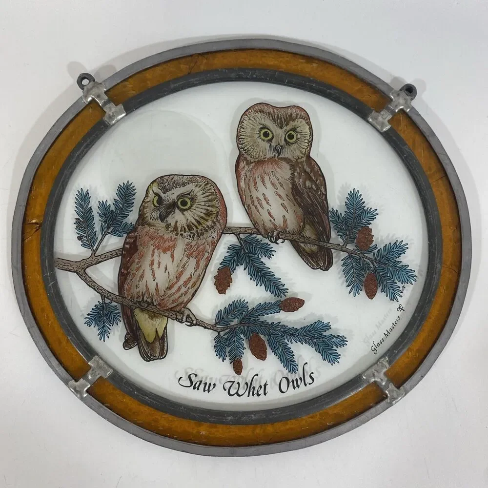 Glass Masters Stainglass Windows Hanging Saw‎ Whet Owls 9”x 8” READ